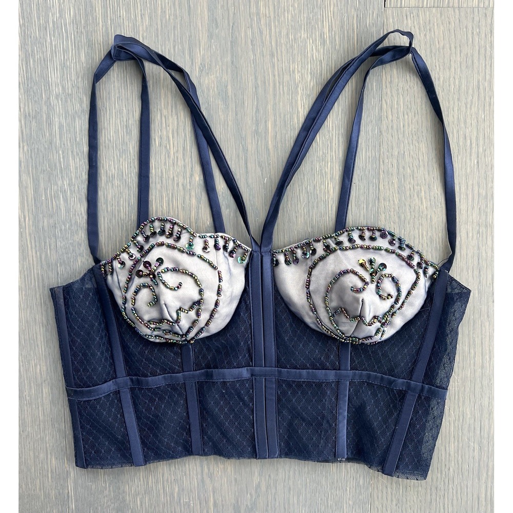 Beaded Handmade Silk Lace Bustier Small Blue
